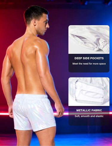 Casey Kevin Men's Holographic Metallic Short Sparkly Shiny Short Pants Rave Outfit Hot Shorts with Pockets and Drawstrings in Kuwait
