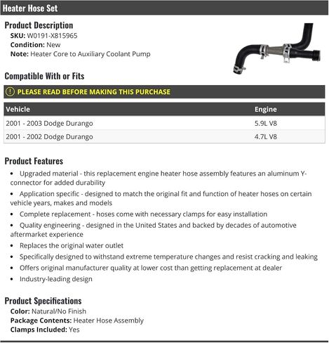 Heater Core to Auxiliary Coolant Pump Hose Assembly - Compatible with 2001-2003 Dodge Durango 4.7L 5.9L V8 in Saudi Arabia
