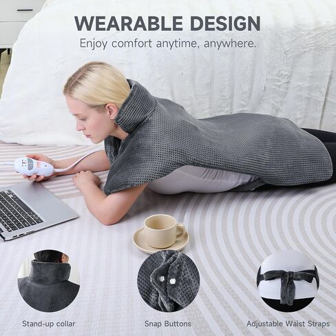 Heating pad for Neck - Wearable Electric Heating Pads for Back, Shoulder and Waist, Large Heat Pad with 4 Massage Modes & 2 Heat Levels, 24"x35", 4 Motor, Gray in Saudi Arabia