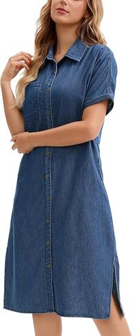 Women's Midi Denim Dress Summer Short Sleeve Button Down Casual Loose Long Tunic Jean Shirt Dress in Saudi Arabia