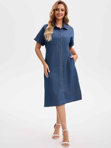 Women's Midi Denim Dress Summer Short Sleeve Button Down Casual Loose Long Tunic Jean Shirt Dress in Saudi Arabia