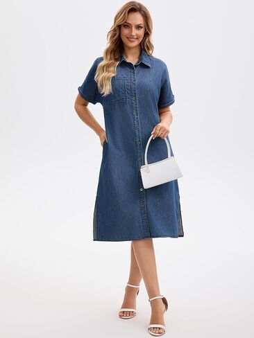 Women's Midi Denim Dress Summer Short Sleeve Button Down Casual Loose Long Tunic Jean Shirt Dress in Saudi Arabia
