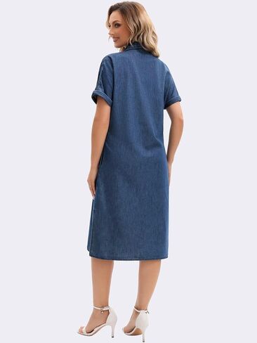 Women's Midi Denim Dress Summer Short Sleeve Button Down Casual Loose Long Tunic Jean Shirt Dress in Saudi Arabia