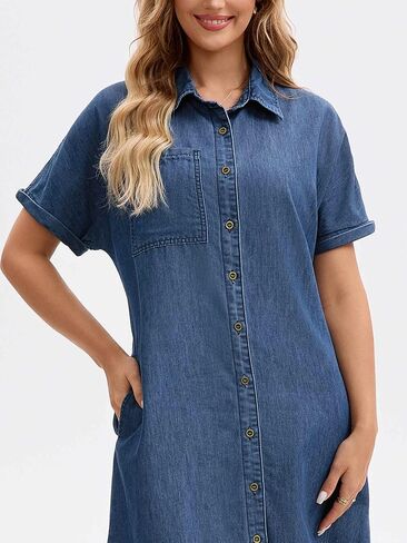 Women's Midi Denim Dress Summer Short Sleeve Button Down Casual Loose Long Tunic Jean Shirt Dress in Saudi Arabia