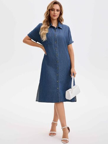 Women's Midi Denim Dress Summer Short Sleeve Button Down Casual Loose Long Tunic Jean Shirt Dress in Saudi Arabia