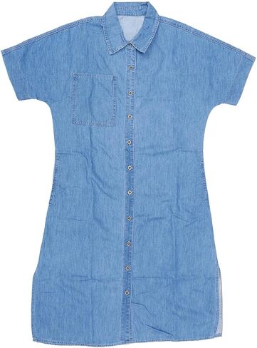 Women's Midi Denim Dress Summer Short Sleeve Button Down Casual Loose Long Tunic Jean Shirt Dress in Saudi Arabia