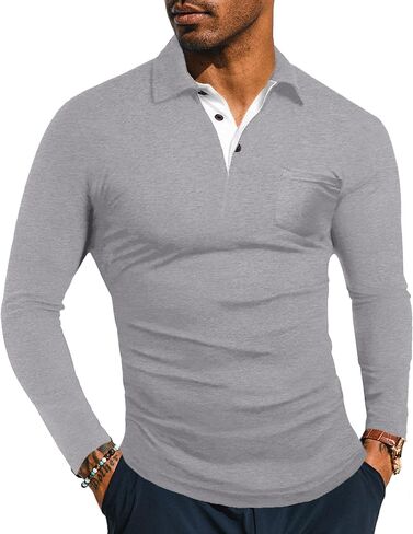 KUYIGO Men's Short&Long Sleeve Polo Shirts Casual Slim Fit Solid Soft Button Cotton Pocket Collared Shirt in Kuwait
