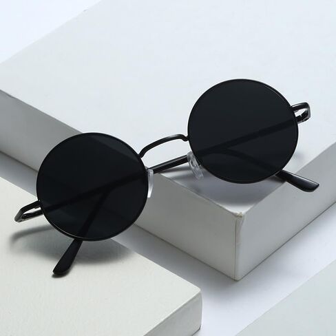 Fashion Retro Mini Small Round Black Sunglasses Suit for Mens Womens Circle Lens UV400 Protection Glasses in Kuwait