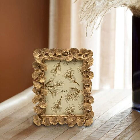 SYLVIA'S SHOP Vintage 4x6 Picture Frame, Antique Ornate Gold Ginkgo Leaf Photo Frame, Table Top Display and Wall Hanging Home Decor, Old Fashioned Gorgeous Photo Gallery Art Deco in Saudi Arabia