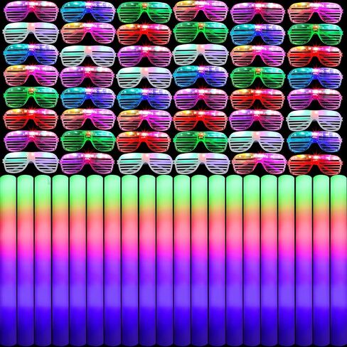 72 Pcs Light up Glasses and Glow Sticks, Glow in the Dark Sunglasses Foam Sticks Shutter Shades Glasses LED Foam Sticks Flashing Light up Supplies for Birthday Carnival Wedding Concert Festival in Saudi Arabia