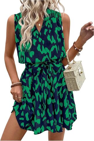 SOLY HUX Women's Summer Dress Printed Sleeveless V Neck Wrap A Line Flowy Belted Vacation Short Dresses in Saudi Arabia