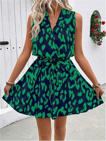 SOLY HUX Women's Summer Dress Printed Sleeveless V Neck Wrap A Line Flowy Belted Vacation Short Dresses in Saudi Arabia
