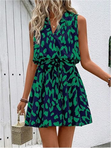 SOLY HUX Women's Summer Dress Printed Sleeveless V Neck Wrap A Line Flowy Belted Vacation Short Dresses in Saudi Arabia