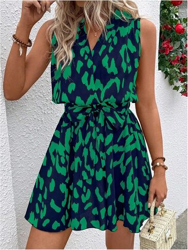 SOLY HUX Women's Summer Dress Printed Sleeveless V Neck Wrap A Line Flowy Belted Vacation Short Dresses in Saudi Arabia