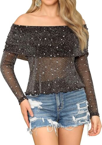 Womens Off Shoulder Long Sleeve Sparkly Tops Ladies See Through Sheer Mesh Sexy Going Out Glitter Star Blouses in Kuwait