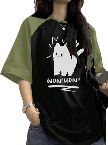 SweatyRocks Women's Cute Cat Graphic Tees Color Block Letter Summer Tops Half Sleeve Casual T Shirts in Saudi Arabia