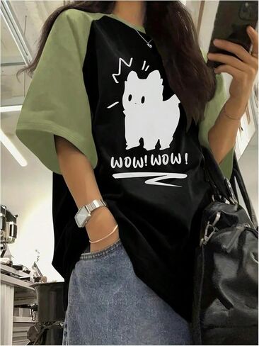 SweatyRocks Women's Cute Cat Graphic Tees Color Block Letter Summer Tops Half Sleeve Casual T Shirts in Saudi Arabia