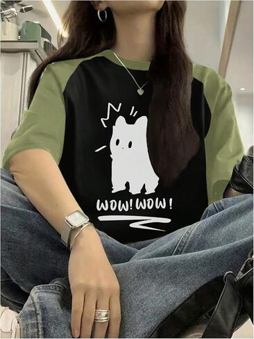 SweatyRocks Women's Cute Cat Graphic Tees Color Block Letter Summer Tops Half Sleeve Casual T Shirts in Saudi Arabia