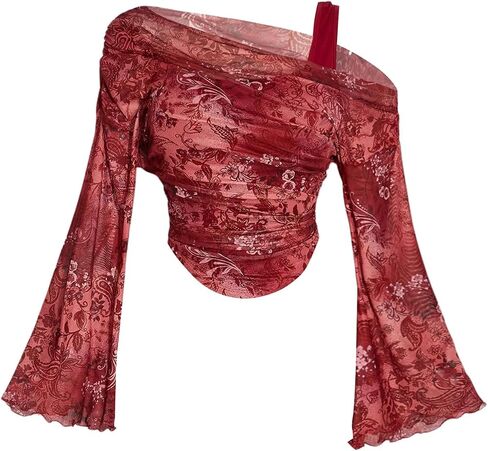 Milumia Women's Plus Size Paisley Off The Shoulder Crop Top Long Bell Sleeve Asymmetrical Tops in Saudi Arabia