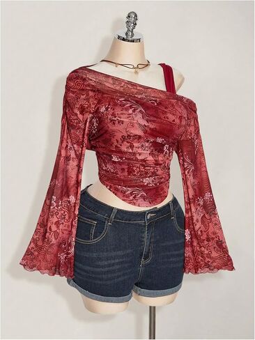 Milumia Women's Plus Size Paisley Off The Shoulder Crop Top Long Bell Sleeve Asymmetrical Tops in Saudi Arabia