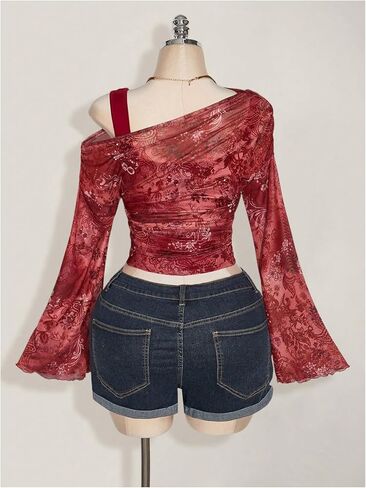 Milumia Women's Plus Size Paisley Off The Shoulder Crop Top Long Bell Sleeve Asymmetrical Tops in Saudi Arabia