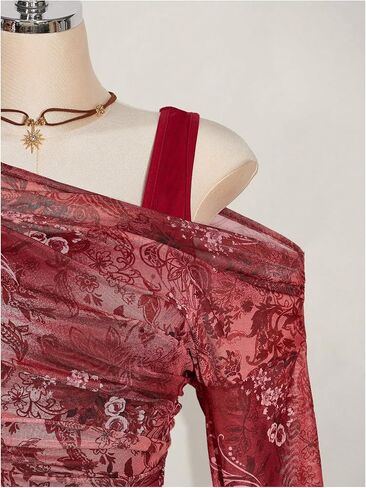 Milumia Women's Plus Size Paisley Off The Shoulder Crop Top Long Bell Sleeve Asymmetrical Tops in Saudi Arabia