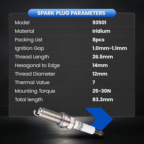 93501 Iridium Spark Plugs 8 Pack - Compatible with Nissan TITAN Armada 2017-2020, TITAN XD 2016-2020, NV2500 2018-2020, NV3500 Compatible with Infiniti QX80, M56, QX56 - Replaces LKAR7BIX-11S in Kuwait