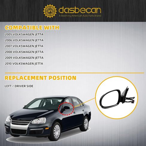 Dasbecan Driver Side Mirror Compatible with 2005-2010 Volkswagen Jetta Left Door Mirror With Turn Signal Light Manual Folding Power Heated Adjustment Glass Silver Gray Cover Replace# 8610332 (7pin) in Saudi Arabia