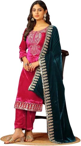 MADHU RATNA Women's Viscose Velvet with Embroidery Sequence Kurti With Bottom & Dupatta Set in Saudi Arabia