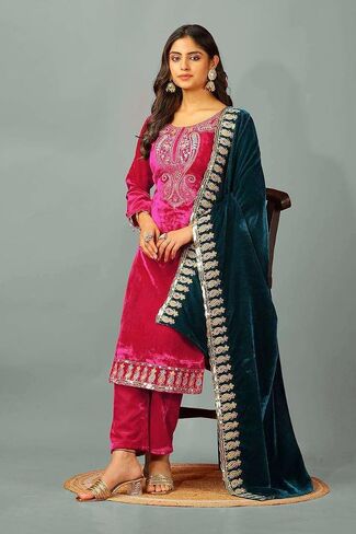 MADHU RATNA Women's Viscose Velvet with Embroidery Sequence Kurti With Bottom & Dupatta Set in Saudi Arabia