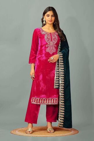 MADHU RATNA Women's Viscose Velvet with Embroidery Sequence Kurti With Bottom & Dupatta Set in Saudi Arabia