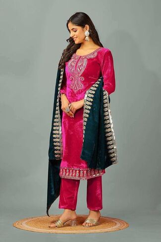 MADHU RATNA Women's Viscose Velvet with Embroidery Sequence Kurti With Bottom & Dupatta Set in Saudi Arabia