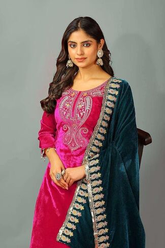 MADHU RATNA Women's Viscose Velvet with Embroidery Sequence Kurti With Bottom & Dupatta Set in Saudi Arabia