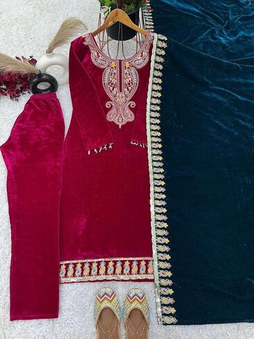 MADHU RATNA Women's Viscose Velvet with Embroidery Sequence Kurti With Bottom & Dupatta Set in Saudi Arabia