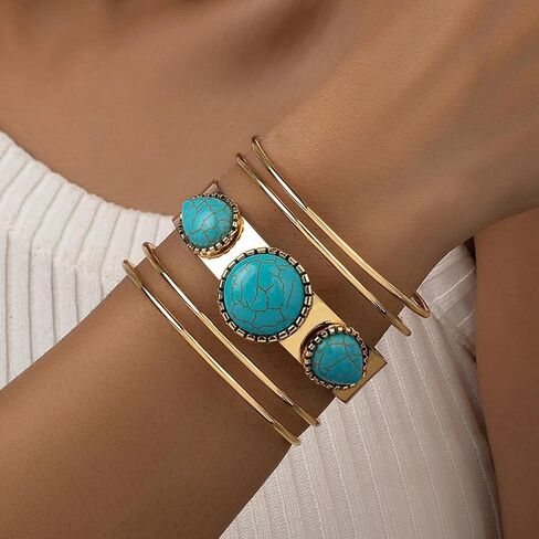 Chunky Western Turquoise Bracelet for Women,Boho Gold Thick Cuff Bangle,Wide Country Concert Jewelry Accessories in Saudi Arabia
