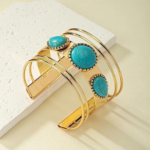 Chunky Western Turquoise Bracelet for Women,Boho Gold Thick Cuff Bangle,Wide Country Concert Jewelry Accessories in Saudi Arabia
