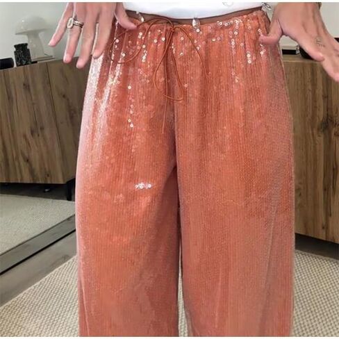 Sequin Pants for Women Low Rise Sparkly Glitter Wide Leg Disco Pants Party Dance Bottoms Wave Outfits in Kuwait