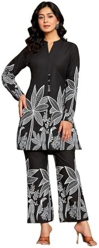Women’s 2-Piece Floral Tunic Top and Wide Leg Pants Set – Boho Co-Ord Outfit, Printed Cotton Blend in Saudi Arabia