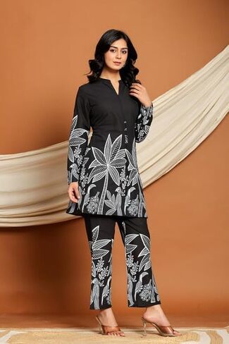 Women’s 2-Piece Floral Tunic Top and Wide Leg Pants Set – Boho Co-Ord Outfit, Printed Cotton Blend in Saudi Arabia