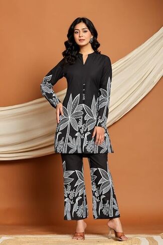 Women’s 2-Piece Floral Tunic Top and Wide Leg Pants Set – Boho Co-Ord Outfit, Printed Cotton Blend in Saudi Arabia