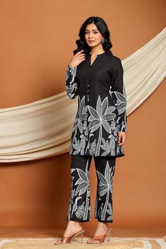 Women’s 2-Piece Floral Tunic Top and Wide Leg Pants Set – Boho Co-Ord Outfit, Printed Cotton Blend in Saudi Arabia