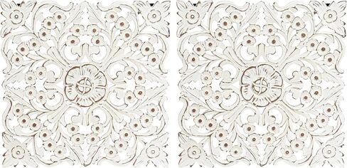 DEVLA White Antique Hand Carved & Hand Painted Wooden Mandala Wall Art (15.5x15.5 inch) Set of 2 Wall Decor, White Panel Style Home Décor, Rectangle Scroll Carved Wood Sculpture for Home Use in Saudi Arabia