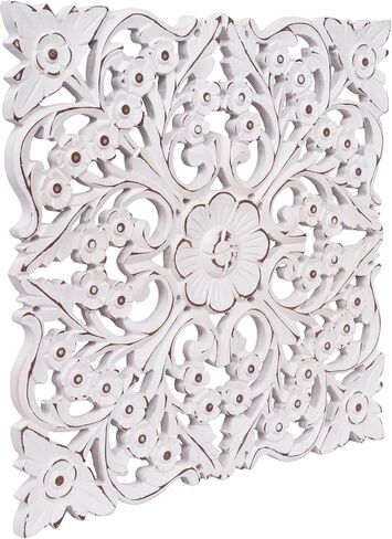 DEVLA White Antique Hand Carved & Hand Painted Wooden Mandala Wall Art (15.5x15.5 inch) Set of 2 Wall Decor, White Panel Style Home Décor, Rectangle Scroll Carved Wood Sculpture for Home Use in Saudi Arabia