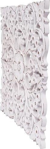 DEVLA White Antique Hand Carved & Hand Painted Wooden Mandala Wall Art (15.5x15.5 inch) Set of 2 Wall Decor, White Panel Style Home Décor, Rectangle Scroll Carved Wood Sculpture for Home Use in Saudi Arabia