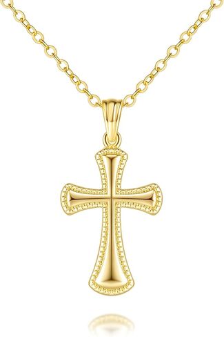 Gold Cross Necklaces for Women 14K Gold Cross Necklace for Women Pendant Necklace Womens Fine Dotted Border and Raised Surface Dainty Cross Chain for Womens Faith (16.5''+3.2'') in Saudi Arabia