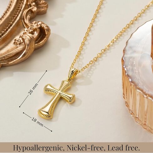 Gold Cross Necklaces for Women 14K Gold Cross Necklace for Women Pendant Necklace Womens Fine Dotted Border and Raised Surface Dainty Cross Chain for Womens Faith (16.5''+3.2'') in Saudi Arabia