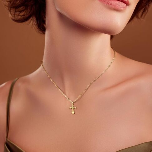 Gold Cross Necklaces for Women 14K Gold Cross Necklace for Women Pendant Necklace Womens Fine Dotted Border and Raised Surface Dainty Cross Chain for Womens Faith (16.5''+3.2'') in Saudi Arabia