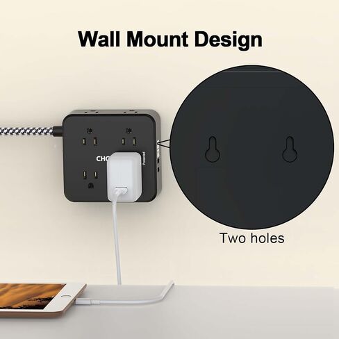 10Ft Surge Protector Power Strip - CHCORE Flat Plug Extension Cord with 8 Outlets and 4 USB Ports(2 USB C), 3 Side Wall Mount Outlet Extender for Home Dorm Room Essentials, ETL Listed, White in Kuwait
