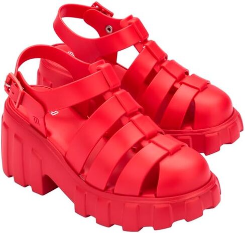 Melissa Megan Platform Jelly Heels for Women - The Iconic Original 90’s Jelly Shoe, Fisherman's Sandal with Chunky, Platform Lug-Sole Heel and Adjustable Strap and Side Buckle, Red, 6 in Kuwait