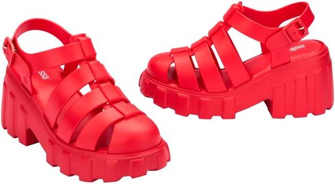 Melissa Megan Platform Jelly Heels for Women - The Iconic Original 90’s Jelly Shoe, Fisherman's Sandal with Chunky, Platform Lug-Sole Heel and Adjustable Strap and Side Buckle, Red, 6 in Kuwait